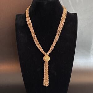 Vintage Crown Trifari Gold Tone Necklace Multi Strand With Tassel 17” Long EUC